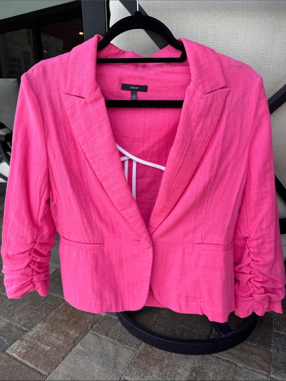 DREW Vibrant Hot Pink Ruched-Sleeve Blazer 100% linen